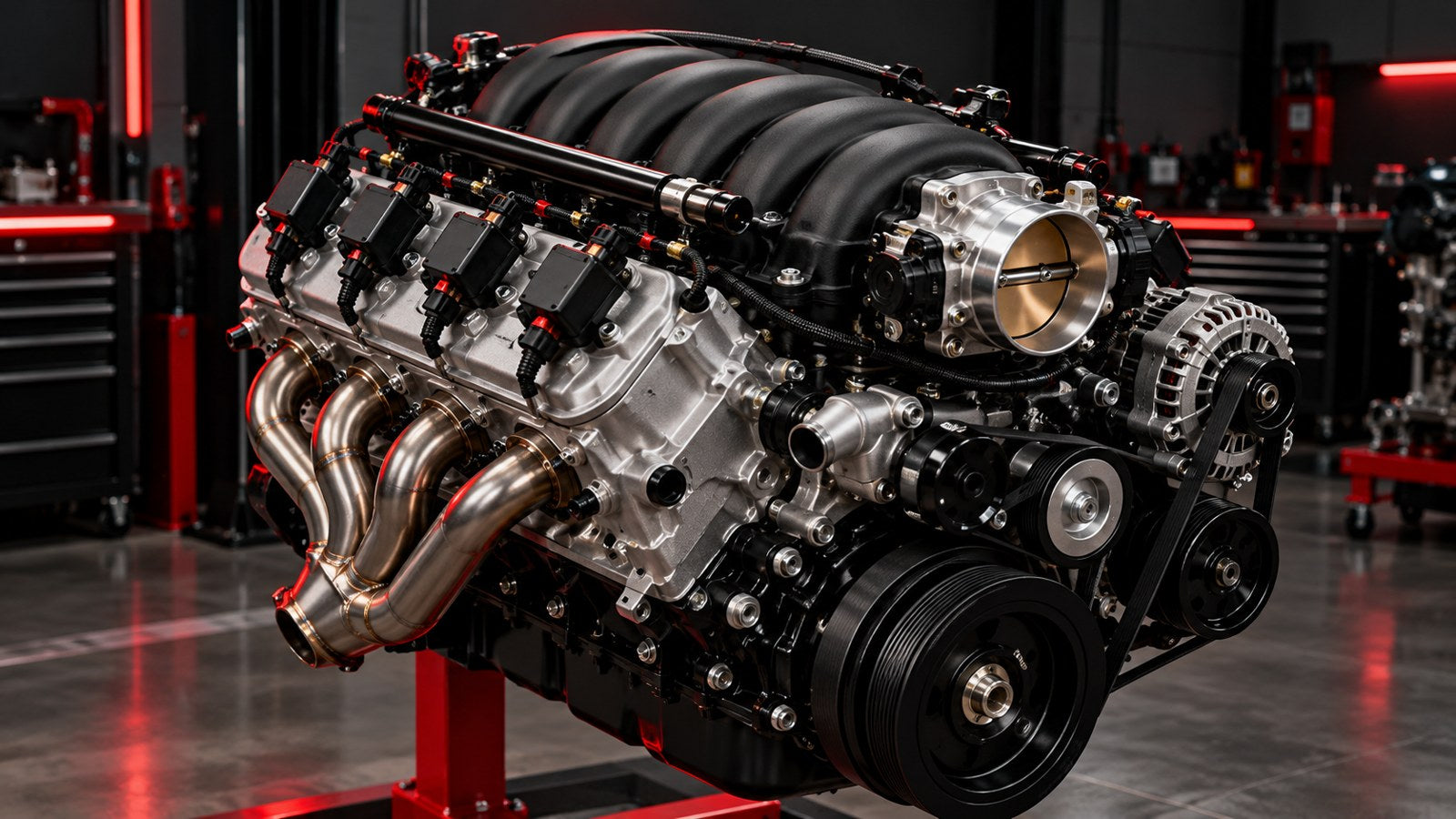 Illustration of an LS-style V8 engine on a stand