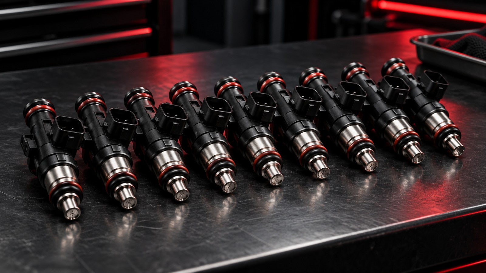Illustration of port fuel injectors on a workbench