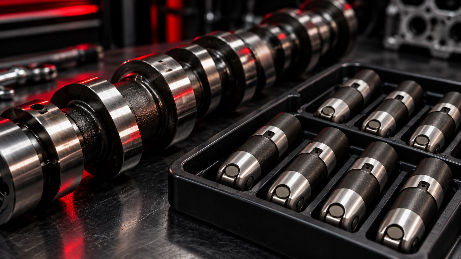 Illustration of a camshaft and drop-in roller lifters based on a Johnson lifter reference